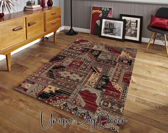 Patchwork Area Rug: Modern Rustic Living Room Carpet, Non-Slip
