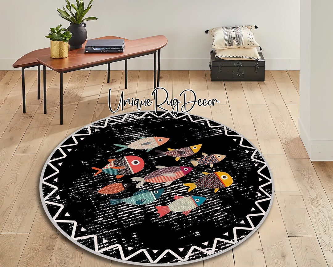 Colorful Fish Themed Black Round Rug for Kitchen, Popular Non-slip ...