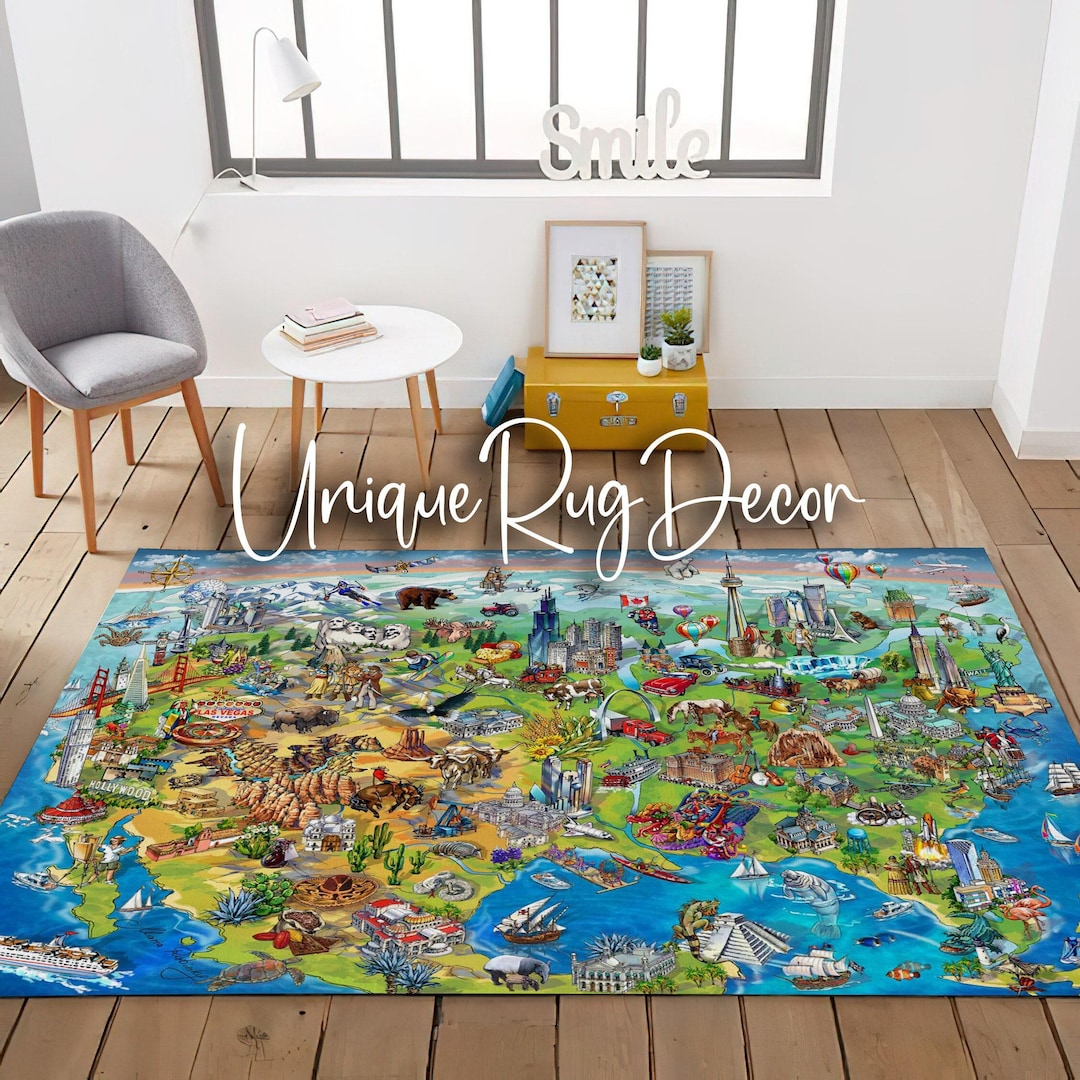Cartoon USA Map Rug, United States Symbols, Non-slip Decor - Etsy