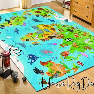 Bedruckter Teppich mit Weltkarte für Kinderzimmer, Spielmatte für Kleinkinder, pädagogischer dekorativer Teppich für Kindergarten, Kinderzimmer Dekor