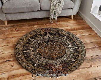 Ethnic Mayan Compass Rug, Ancient Tribal Home Decor, Aztec Calendar Themed Non-Slip Round Carpet