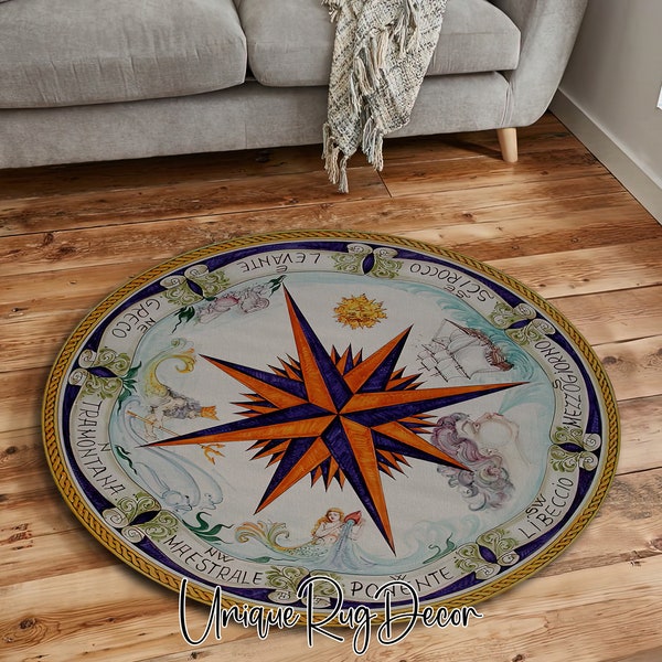 Ancient Compass Rose Printed Round Non-Slip Yacht Rug, Ocean Decor