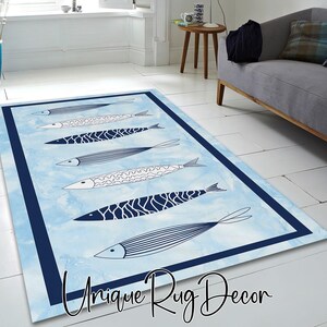 Fish Themed Kitchen Runner Rug: Blue Abstract Entryway Carpet image 2