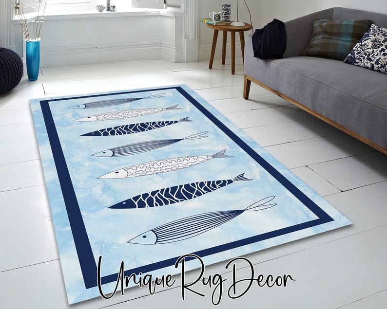 Fish Themed Kitchen Runner Rug: Blue Abstract Entryway Carpet image 2