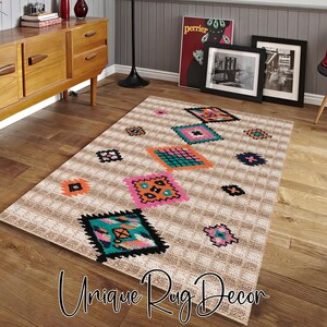 Colorful Ethnic Carpet, Geometric Printed Nonslip Area Rug, Tribal Mat, Rustic Home Decor