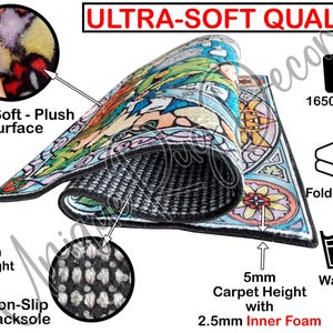 The image is a detailed description of a plush rug with various features, including its softness, plush surface, non-slip backing, and the height of the carpet.