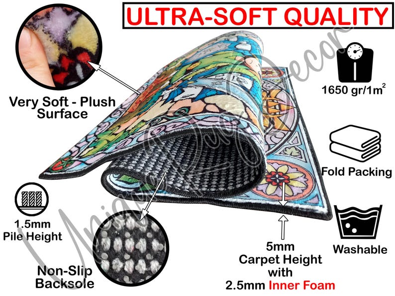 The image is a detailed description of a plush rug with various features, including its softness, plush surface, non-slip backing, and the height of the carpet.