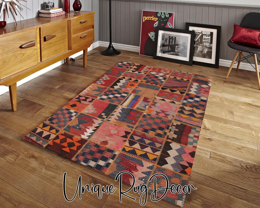 Fabric Rustic Rug Patchwork Nomad Rug: Traditional Rustic Style, Nonslip Area Mat - Etsy