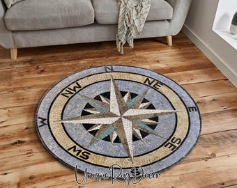 Ancient Flagstone Patterned Compass Rose Rug, Compass Medallion Carpet, Decorative Non-Slip Yacht Mat