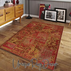 Red Color Patchwork Printed Nonslip Afghan Carpet, Decorative Living Room Rug, Rustic Nomad Mat