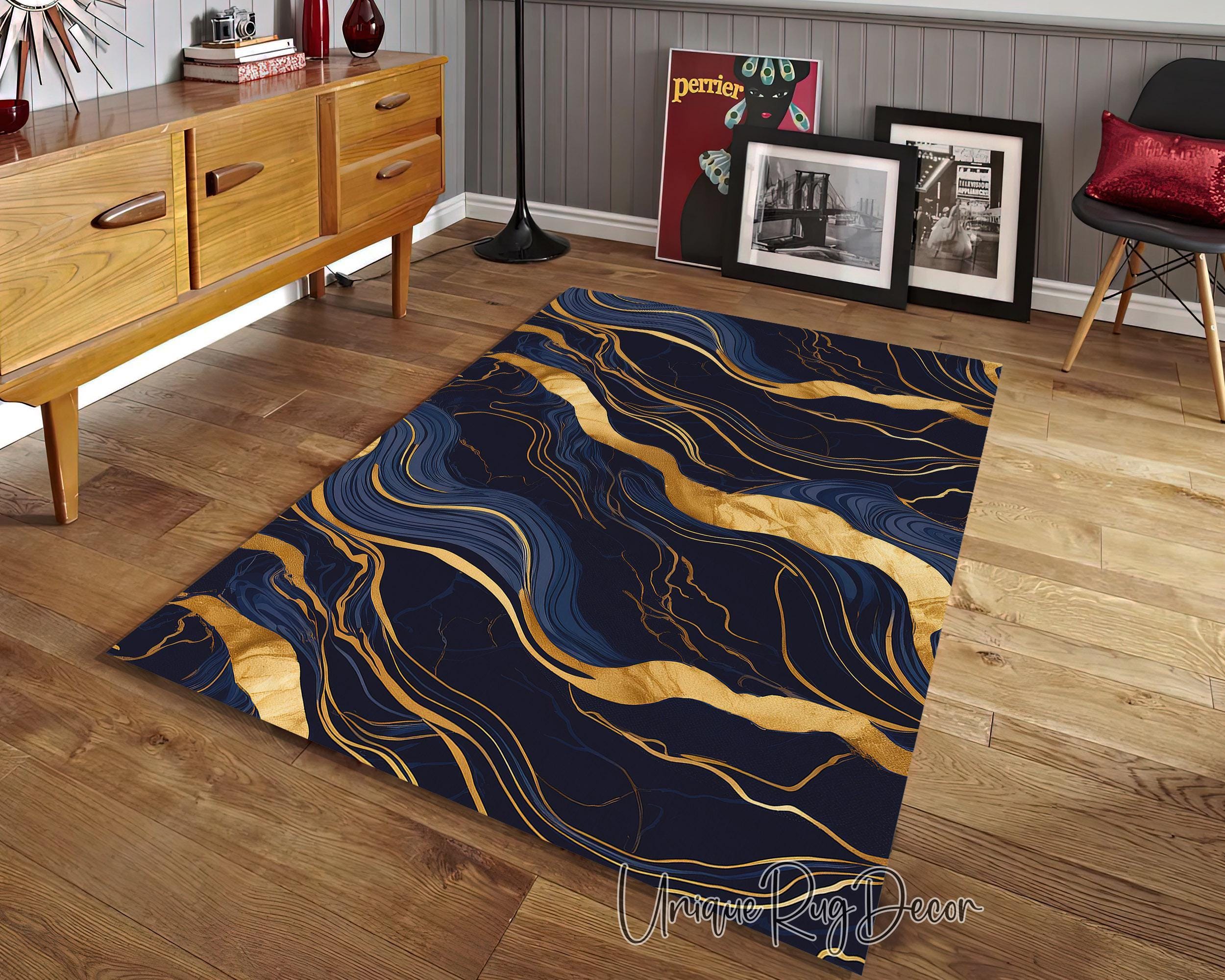 Navy Blue and Gold Abstract Rug: Modern Art Deco Carpet - Etsy