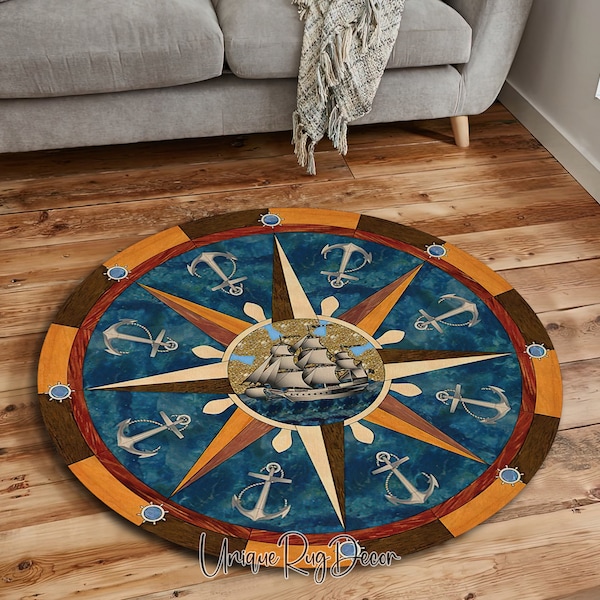 Sea Anchor Rug, Compass Round Doormat, Entrance Area Mat, Pirate Ship Themed Carpet, Sea Decor, Yacht Rug