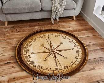 Retro Style Compass Rug, Real Looking  Compass Medallion, Entryway Carpet, Round Rug, Cool Office Decor, Nautical Mat