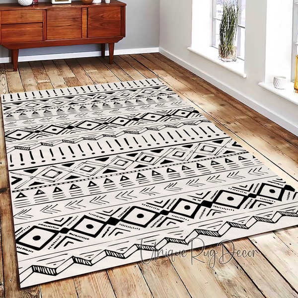 Tapis ethnique de style rétro, tapis tribal, tapis de salon noir et blanc, décor Boho