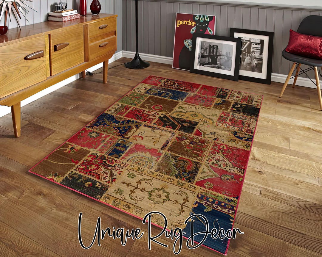 Multicolour Retro Rug Patchwork Printed Nomad Rug: Multi Color Retro Decor - Etsy