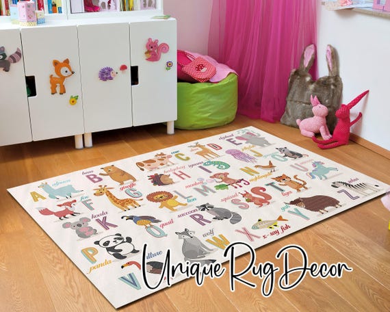 Baby Zoo Animals Printed Educational Alphabet Rug, Nursery ABC Carpet, Baby Play Mat, Kindergarten