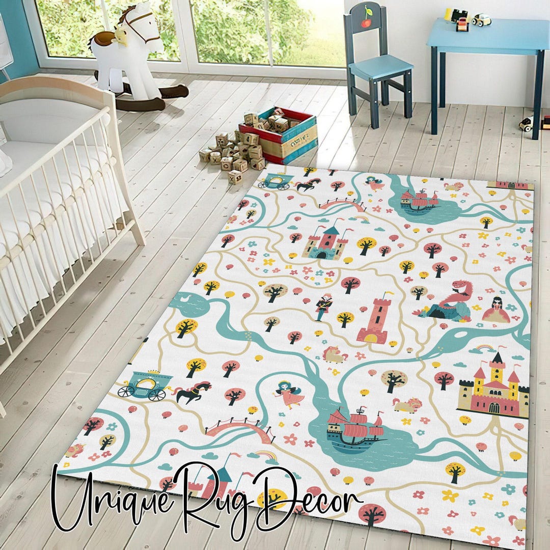 Fairy Tale City Map Rug: Pink Nursery Decor, Fable Mat - Etsy