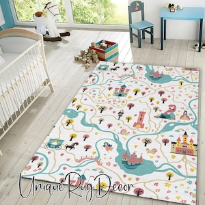 Fairy Tale City Map Rug: Pink Nursery Decor, Fable Mat