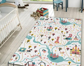 Fairy Tale City Map Rug: Pink Nursery Decor, Fable Mat