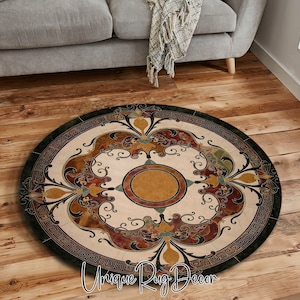 Marble Looking Floral Greek Key Symbol Mosaic Rug, Non-Slip Living Room Carpet, Entryway Rug