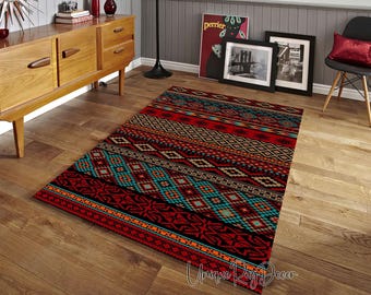 Tribal Motif Rug, Ethnic Carpet, Living Room Mat, Bohemian Home Decor, Boho Style Rug