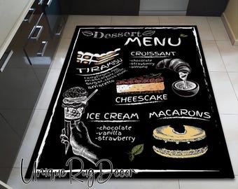 Black Kitchen Rug: Dessert Menu Design, Non-Slip Runner