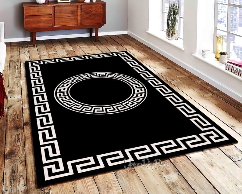 Greek Key Symbol Rug, Luxury Carpet, Black and White Modern Mat, Living Room Rug image 2
