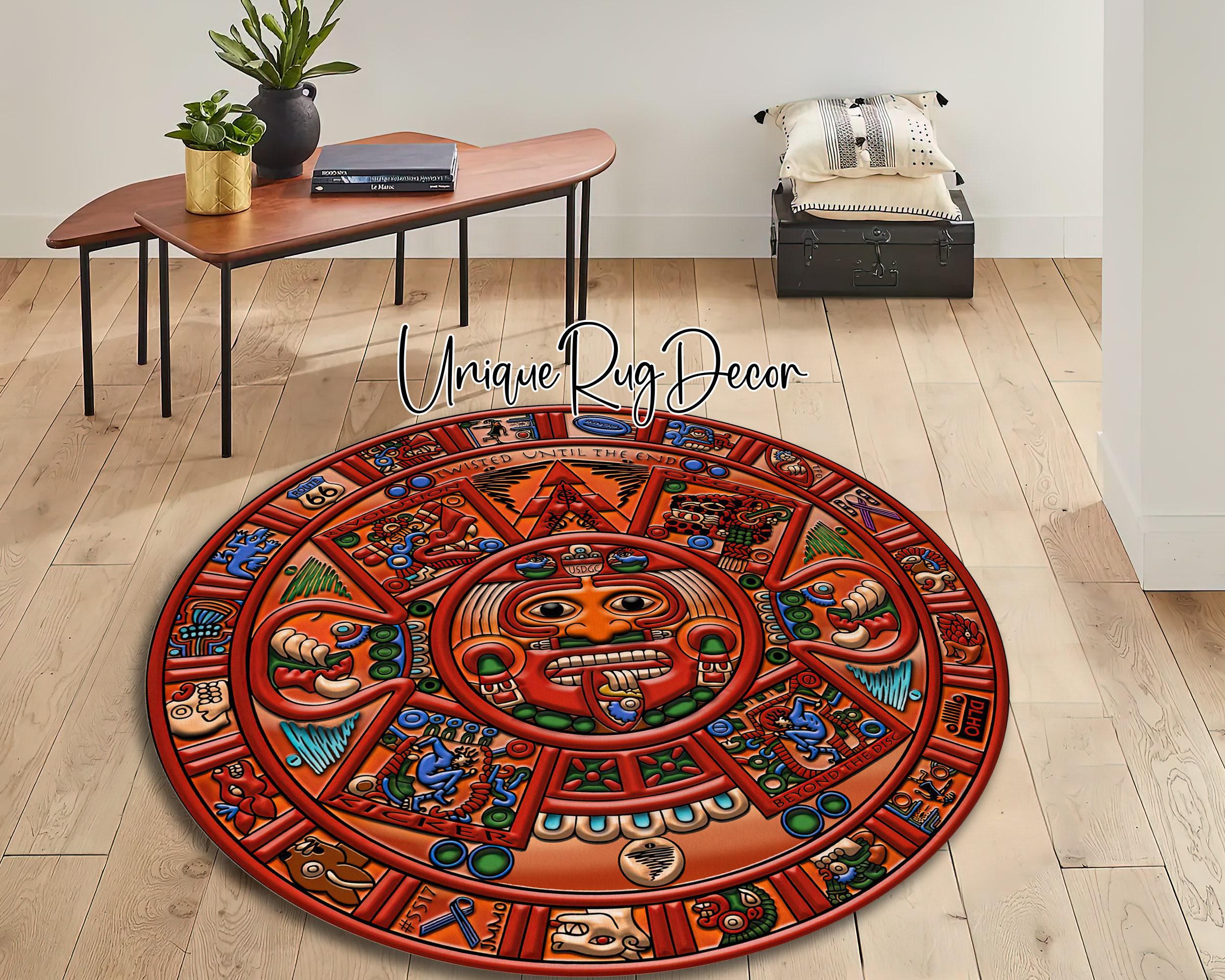 Colorful Tribal Mayan Calendar Retro Round Rug, Mayan Compass Medallion ...
