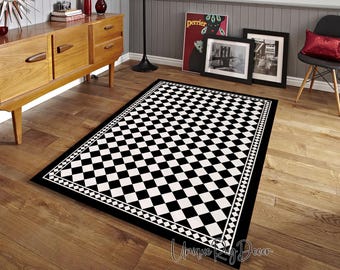 Checkered Motif Rug, Black and White Diamond Carpet, Modern Kitchen Mat, Bedroom Rug