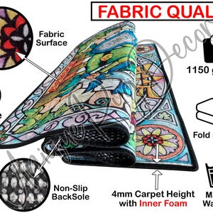 The image is a detailed visual representation of a fabric quality product, likely a rug or carpet. It includes various text elements and images that provide information about the product's features and characteristics.