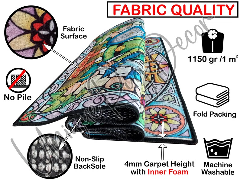 The image is a detailed visual representation of a fabric quality product, likely a rug or carpet. It includes various text elements and images that provide information about the product's features and characteristics.