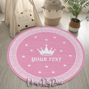 Personalized Pink Nursery Rug: Round Princess Carpet, Baby Girl Decor