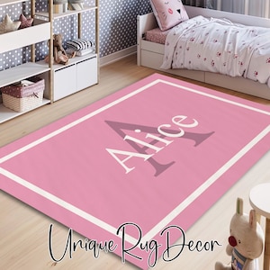 Pink Color Custom Nursery Rug, Personalized Monogram Carpet, Initial Mat, Non-Slip Soft Plush Area Rug, Baby Girl Room Decor