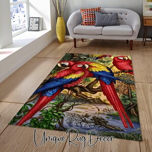 Colorful Parrot Rug, Tropical Leaf Parrot Carpet,  Hawaiian Mat, Coastal Decor, Modern Tropical Rug, Housewarming for Gift