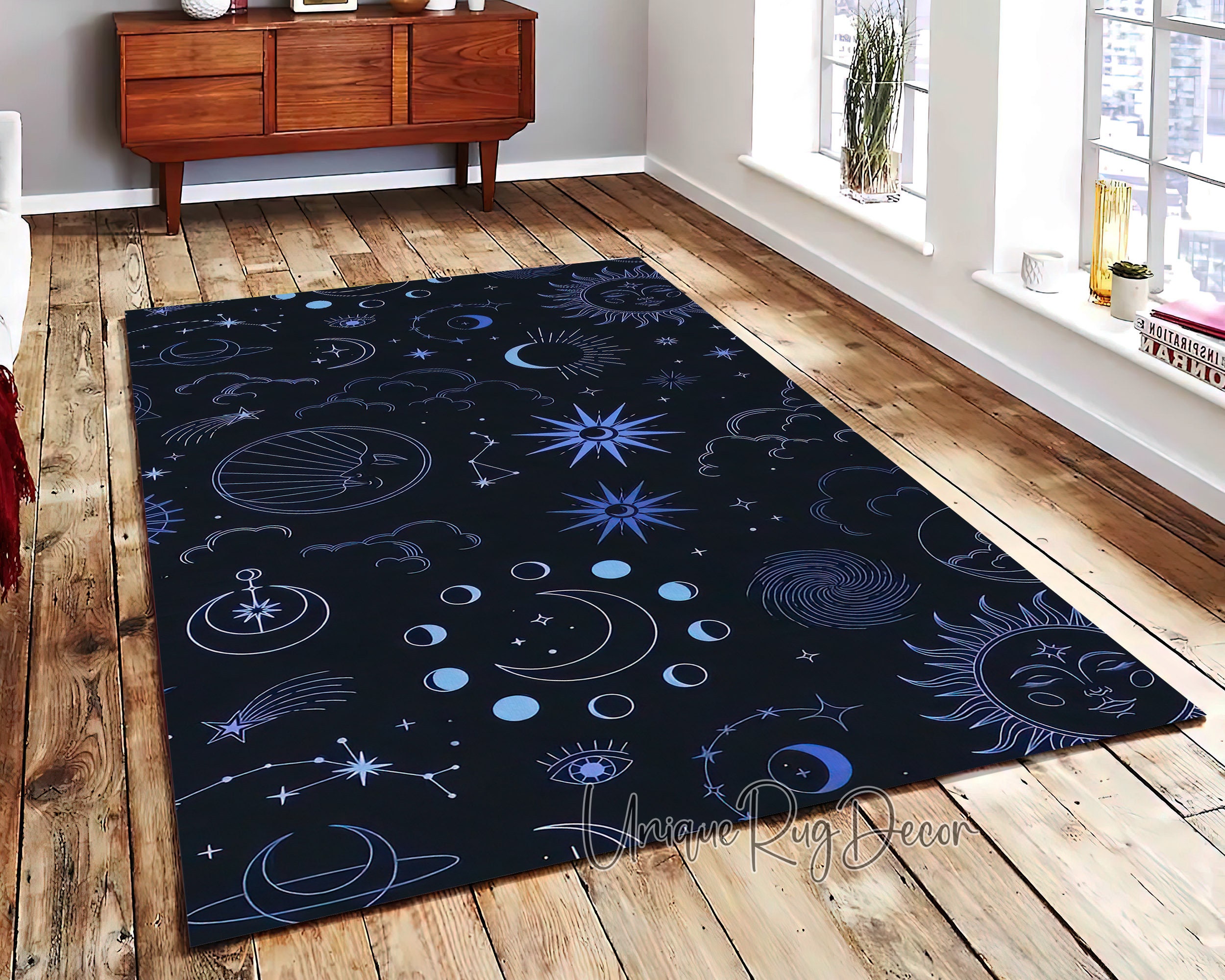 Moon and Sun Rug, Blue Space Carpet, Universe Themed Carpet, Meditation Round Mat, Galaxy Rug, Yoga Decor