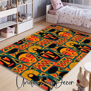 African Women Themed Tribal Rug, Ethnic Decor for Living Room, Rustic Kitchen Carpet