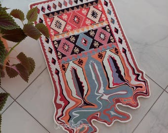 Tapa Melting Rug, Aztec Motif Mat, Irregular Carpet, Acid Wave Rug, Moroccan Decor, Colorful Melting Rug