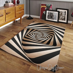 3D Vortex Rug: Optical Illusion Black and White Swirl Carpet