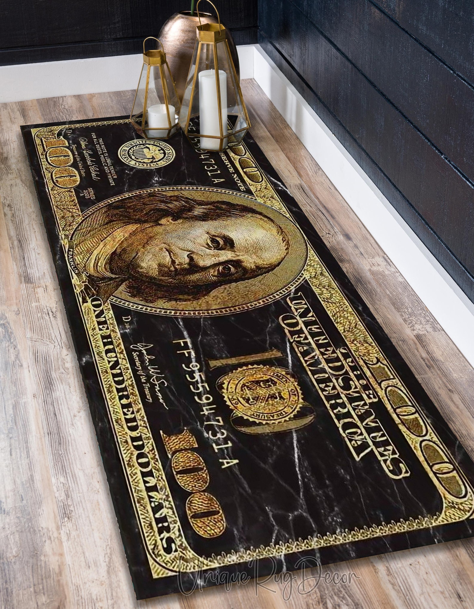 100 Dollar Bill Runner Rug: Black & Gold Benjamin Franklin Mat - Etsy
