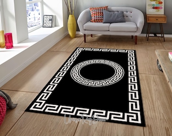 Greek Key Symbol Rug, Luxury Carpet, Black and White Modern Mat