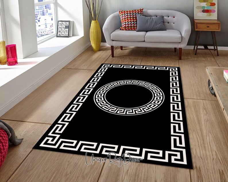 Greek Key Symbol Rug, Luxury Carpet, Black and White Modern Mat, Living Room Rug image 3