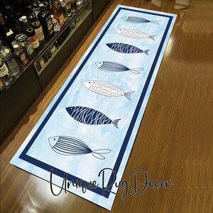 Fish Themed Kitchen Runner Rug: Blue Abstract Entryway Carpet image 3