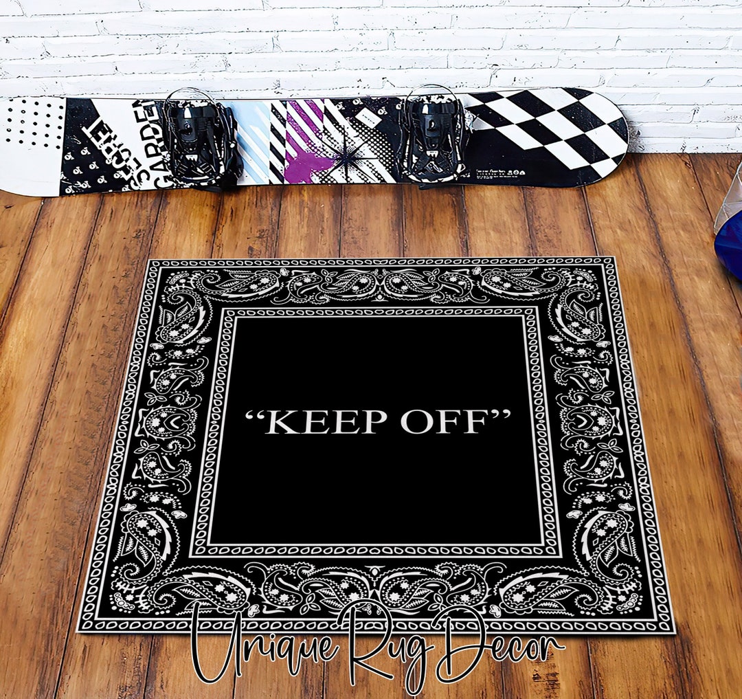 KEEP OFF Theme Square Rug, Black and White Floral Pattern Living Room