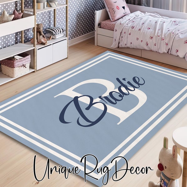 Custom Monogram Nursery Blue Rug, Personalized Baby Boy Room Carpet, Nonslip Soft Carpet, Initial Mat, Baby Shower Decor Gift