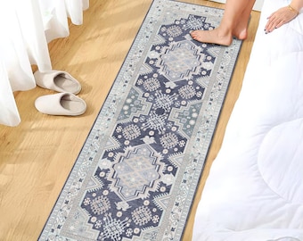 Tapis de passage bleu bohème de style rétro à motifs géométriques, tapis de couloir