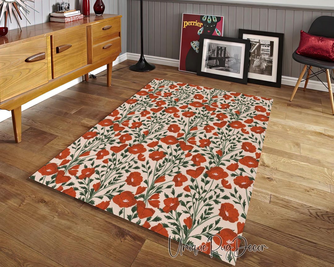 Red Poppy Floral Rug, Botanical Carpet, Wildflower Pattern Mat, Boho ...