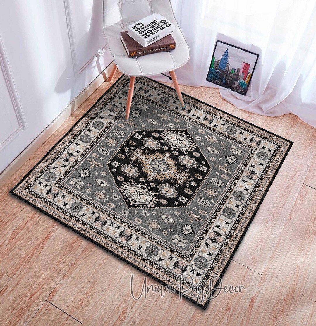 Grey Square Rug Black Gray Square Rug Stylish Ethnic Medallion Pattern Abstract Kitchen ...