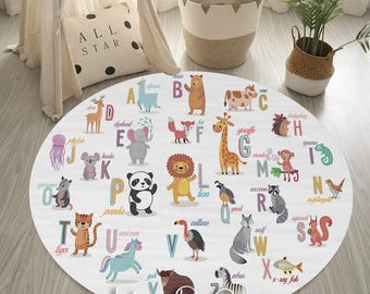 Animal Alphabet Round Rug: Nursery ABC Carpet