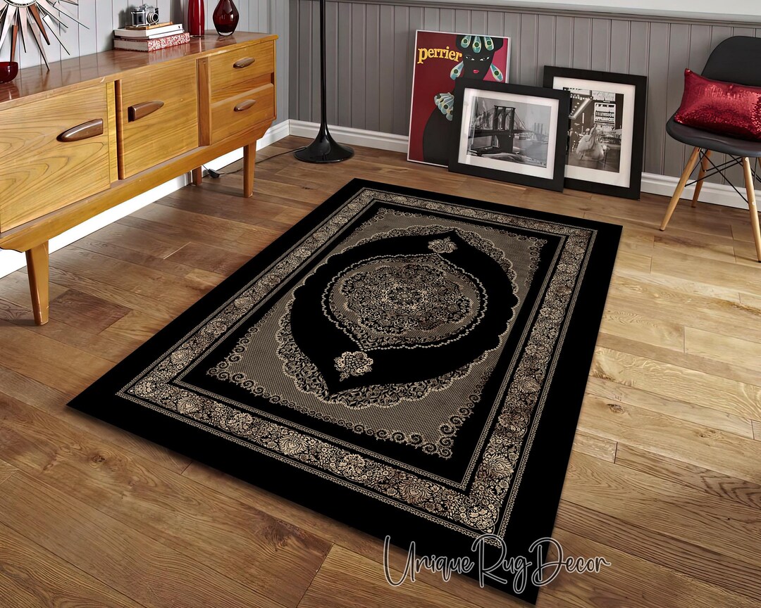 Black and Gold Color Medallion Rug Stylish Floral Kitchen Carpet - Etsy