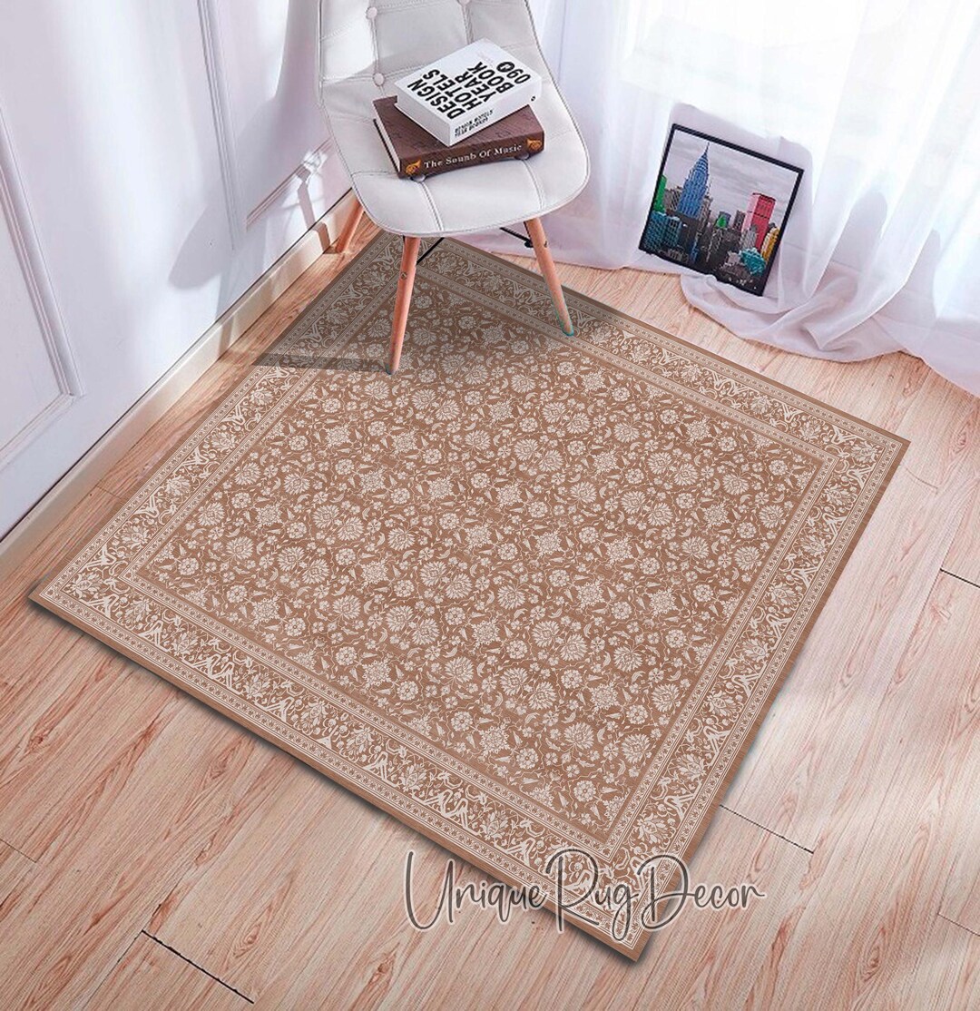 Rustic Brown Square Rug Floral Pattern Carpet Cozy Living Room Kitchen ...